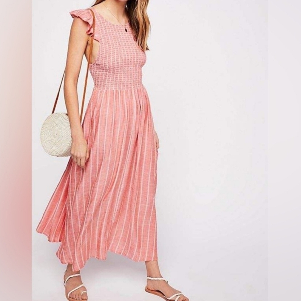 Free People Chambray Butterflies Midi SunDress Pink/White Striped Size XS Boho
